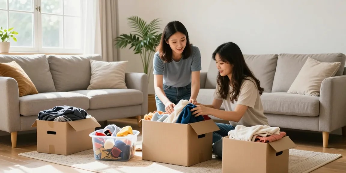 Professional declutterer Ottawa helping client organize a bright living space.