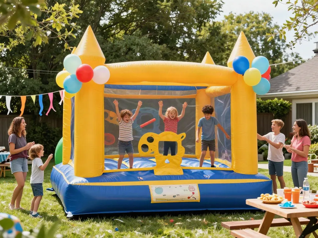 Children enjoying a bounce castle at a sunny backyard party.