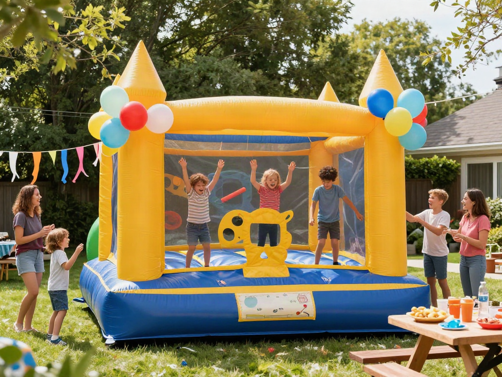Children enjoying a bounce castle at a sunny backyard party.