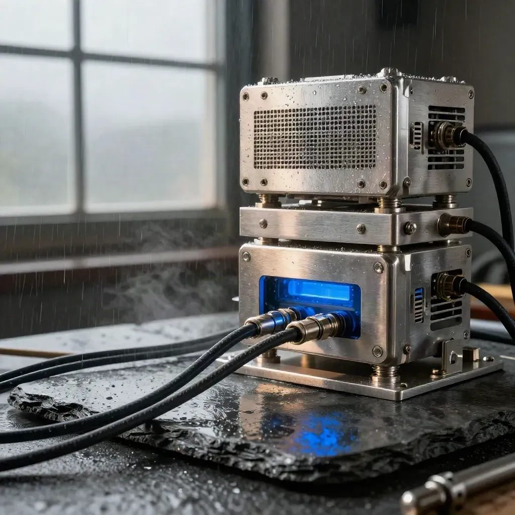 Rain-beaded search appliance modules stacked on slate with cables and cobalt reflections