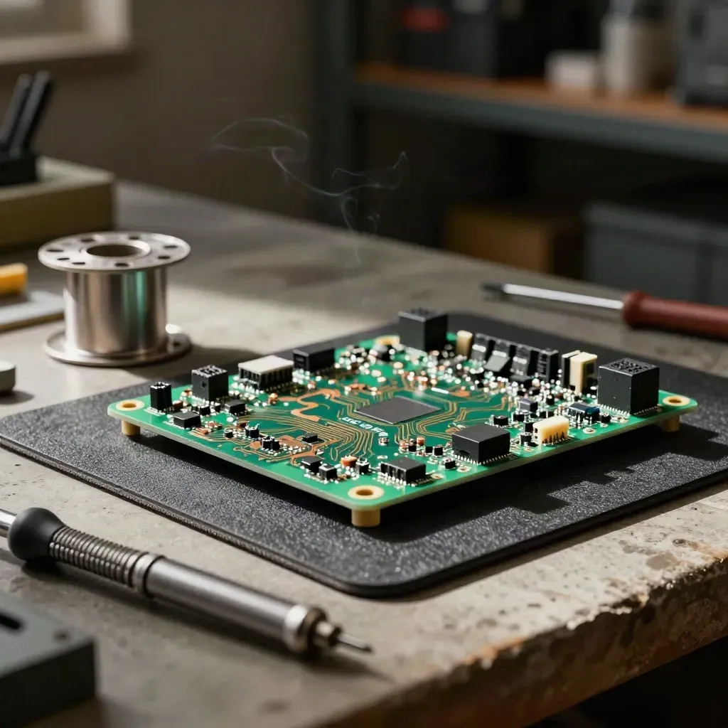 Prototype circuit board, solder spool and precision screwdriver on a dim electronics workbench.