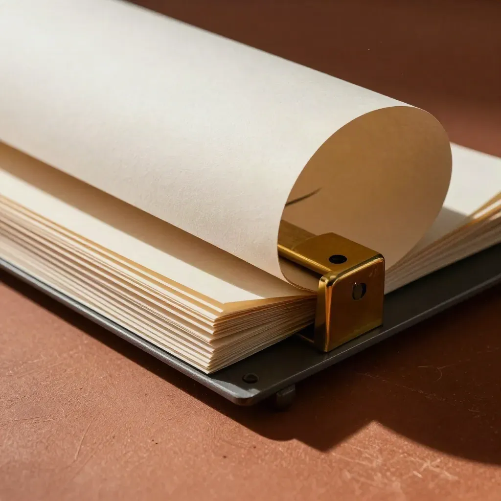 Archival review stack with proofs, brass paperweight and paper rail on warm clay surface