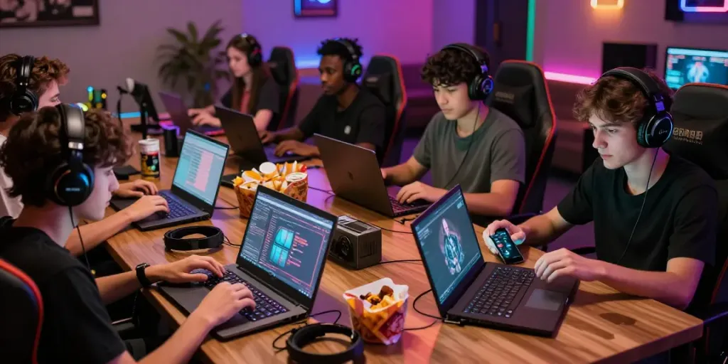 Gaming enthusiasts enjoying GEM88 games with laptops and mobile devices in a lively lounge.