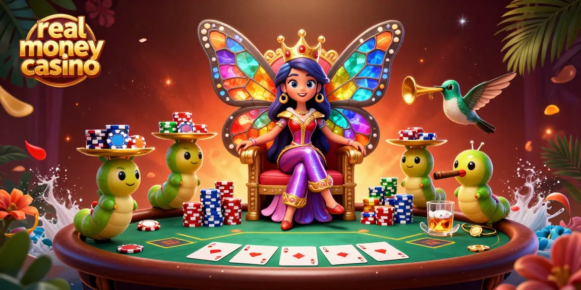 Experience the excitement of a real money casino with vibrant poker-themed illustration.