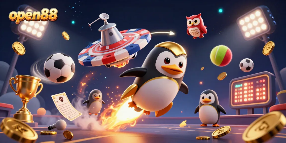 Experience the thrill of open88 as a golden penguin launches toward a casino space station.